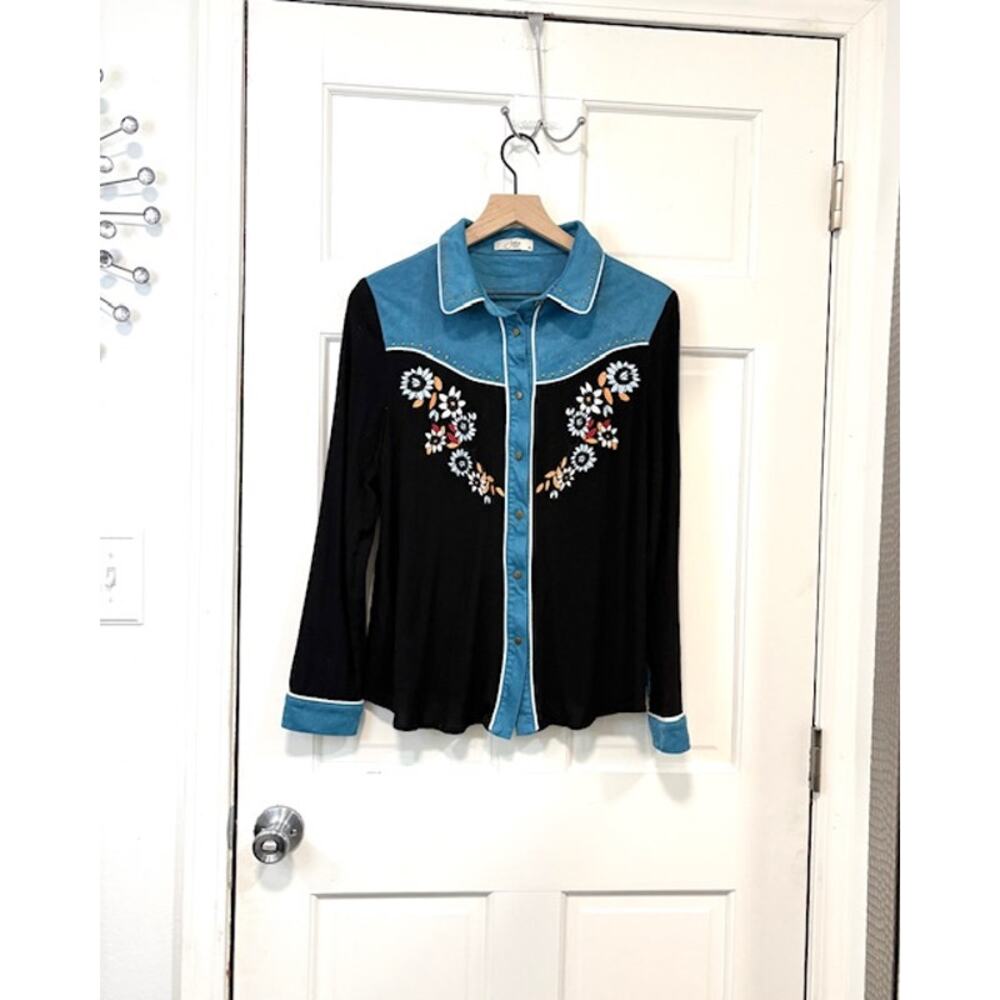 John Moon Western Shirt Womens M Black Teal Floral Embroidery Fringe Cowgirl